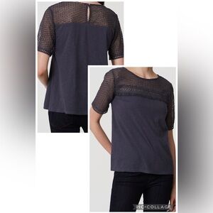 (B1) LOFT Fringe Lace Yoke Tee | Gray Short Sleeve Mixed Media Blouse Top XXSP